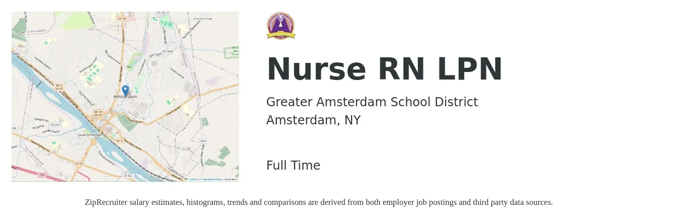 Greater Amsterdam School District job posting for a Nurse RN LPN in Amsterdam, NY with a salary of $26 to $36 Hourly with a map of Amsterdam location.