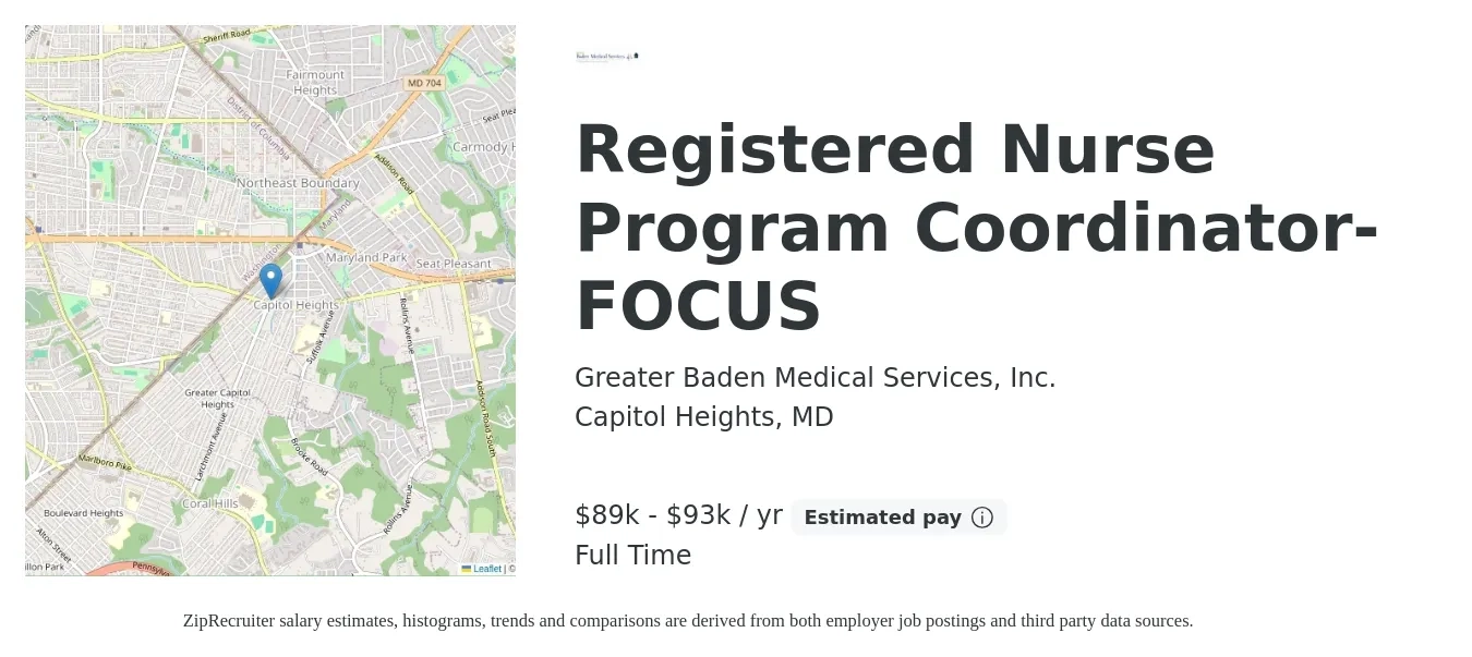 Greater Baden Medical Services, Inc. job posting for a Registered Nurse Program Coordinator- FOCUS in Capitol Heights, MD with a salary of $89,000 to $93,600 Yearly with a map of Capitol Heights location.