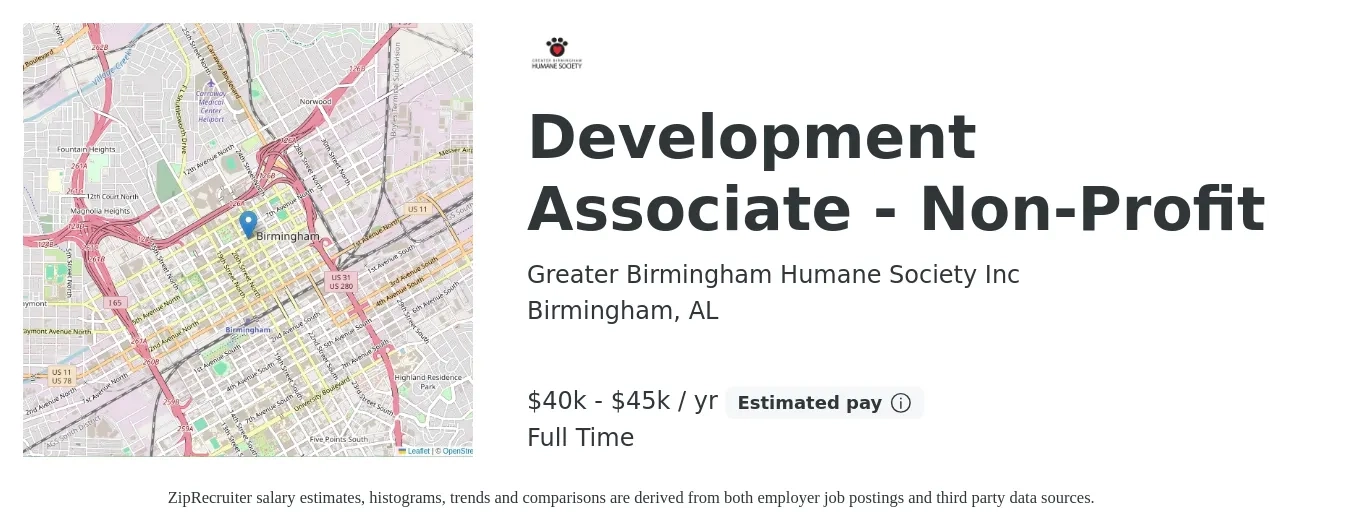 Greater Birmingham Humane Society Inc job posting for a Development Associate - Non-Profit in Birmingham, AL with a salary of $40,000 to $45,000 Yearly with a map of Birmingham location.