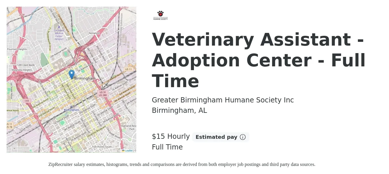 Greater Birmingham Humane Society Inc job posting for a Veterinary Assistant - Adoption Center - Full Time in Birmingham, AL with a salary of $16 Hourly with a map of Birmingham location.