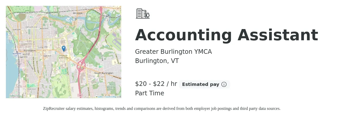 Greater Burlington YMCA job posting for a Accounting Assistant in Burlington, VT with a salary of $22 to $24 Hourly with a map of Burlington location.