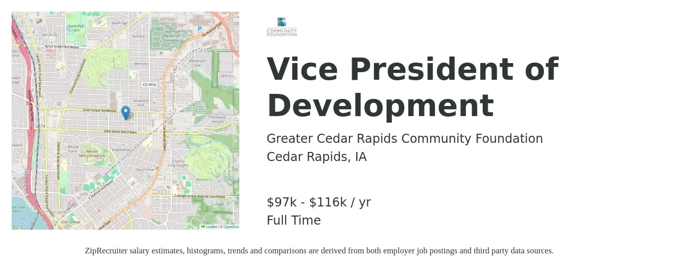 Greater Cedar Rapids Community Foundation job posting for a Vice President of Development in Cedar Rapids, IA with a salary of $97,500 to $116,000 Yearly with a map of Cedar Rapids location.