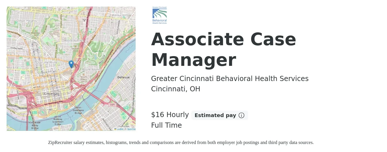 Greater Cincinnati Behavioral Health Services job posting for a Associate Case Manager in Cincinnati, OH with a salary of $17 Hourly with a map of Cincinnati location.