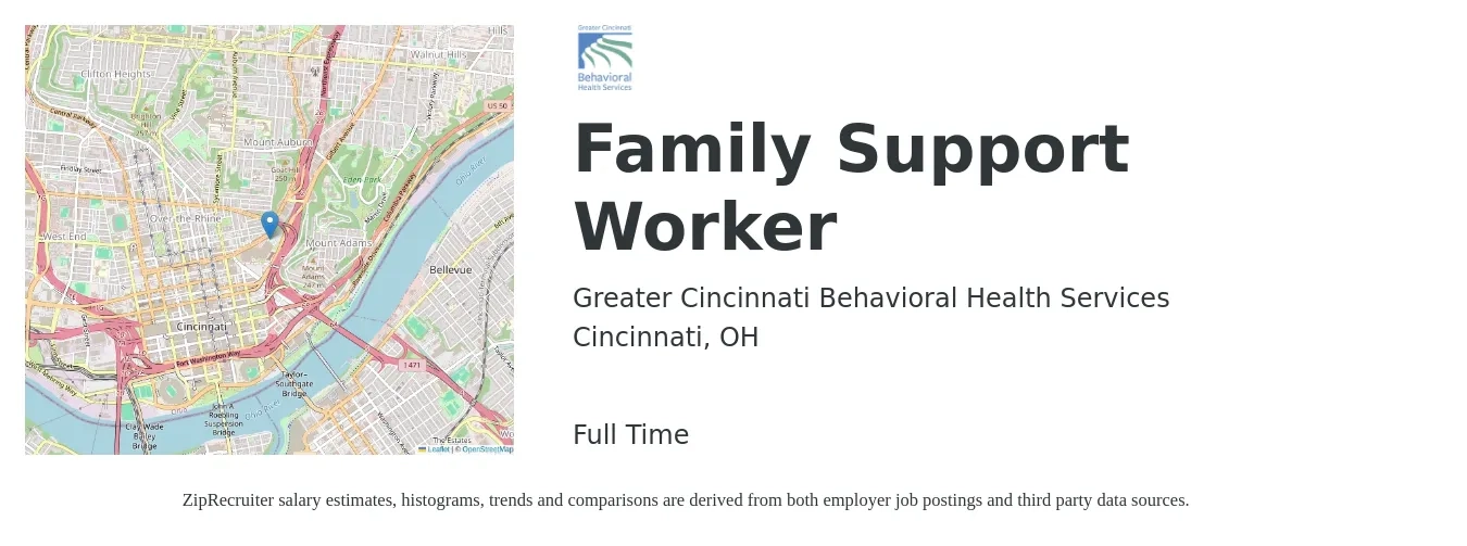Greater Cincinnati Behavioral Health Services job posting for a Family Support Worker in Cincinnati, OH with a salary of $16 to $21 Hourly with a map of Cincinnati location.