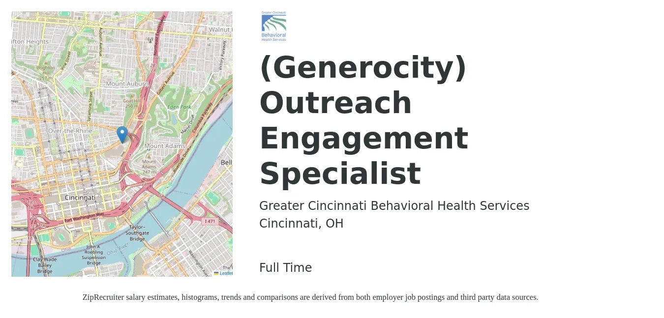 Greater Cincinnati Behavioral Health Services job posting for a (Generocity) Outreach Engagement Specialist in Cincinnati, OH with a salary of $20 to $29 Hourly with a map of Cincinnati location.