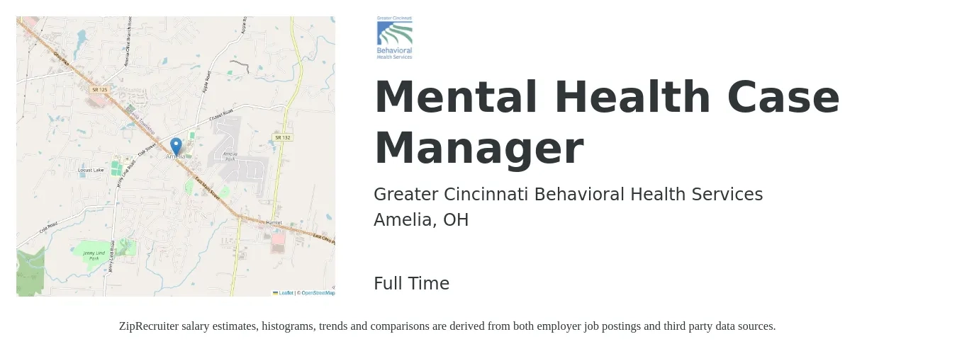Greater Cincinnati Behavioral Health Services job posting for a Mental Health Case Manager in Amelia, OH with a salary of $16 to $23 Hourly with a map of Amelia location.
