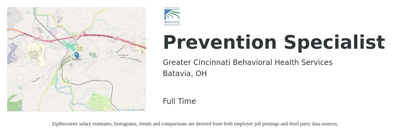 Greater Cincinnati Behavioral Health Services job posting for a Prevention Specialist in Batavia, OH with a salary of $35,300 to $72,000 Yearly with a map of Batavia location.