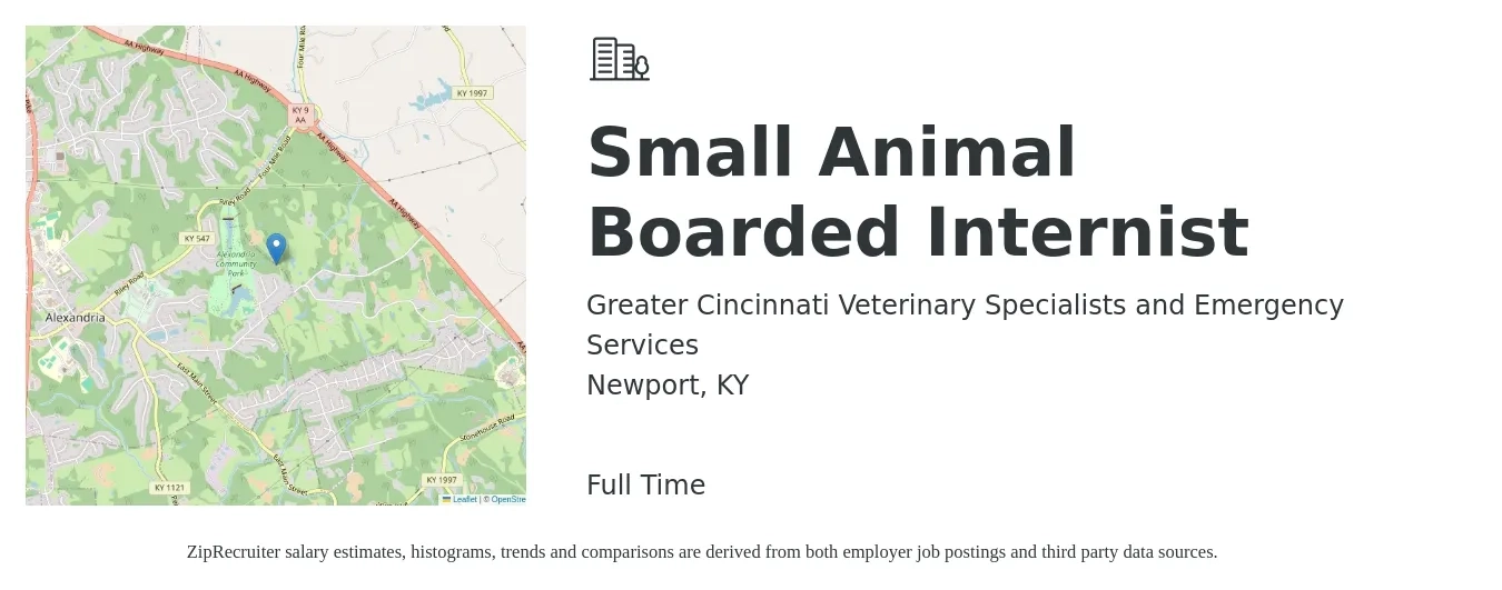 Greater Cincinnati Veterinary Specialists and Emergency Services job posting for a Small Animal Boarded Internist in Newport, KY with a salary of $198,600 to $213,200 Yearly with a map of Newport location.