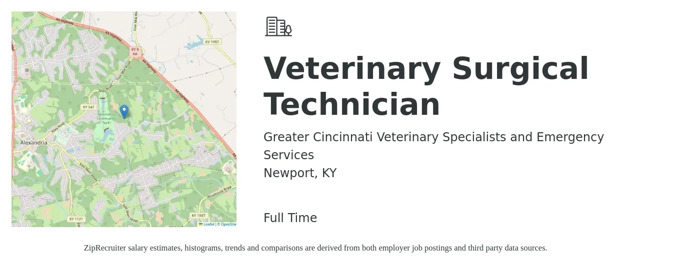 Greater Cincinnati Veterinary Specialists and Emergency Services job posting for a Veterinary Surgical Technician in Newport, KY with a salary of $18 to $25 Hourly with a map of Newport location.