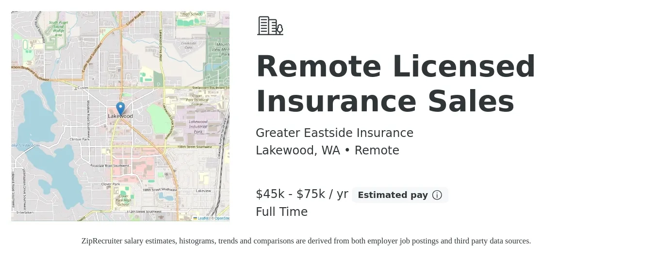 Greater Eastside Insurance job posting for a Remote Licensed Insurance Sales in Lakewood, WA with a salary of $85,000 to $95,000 Yearly with a map of Lakewood location.