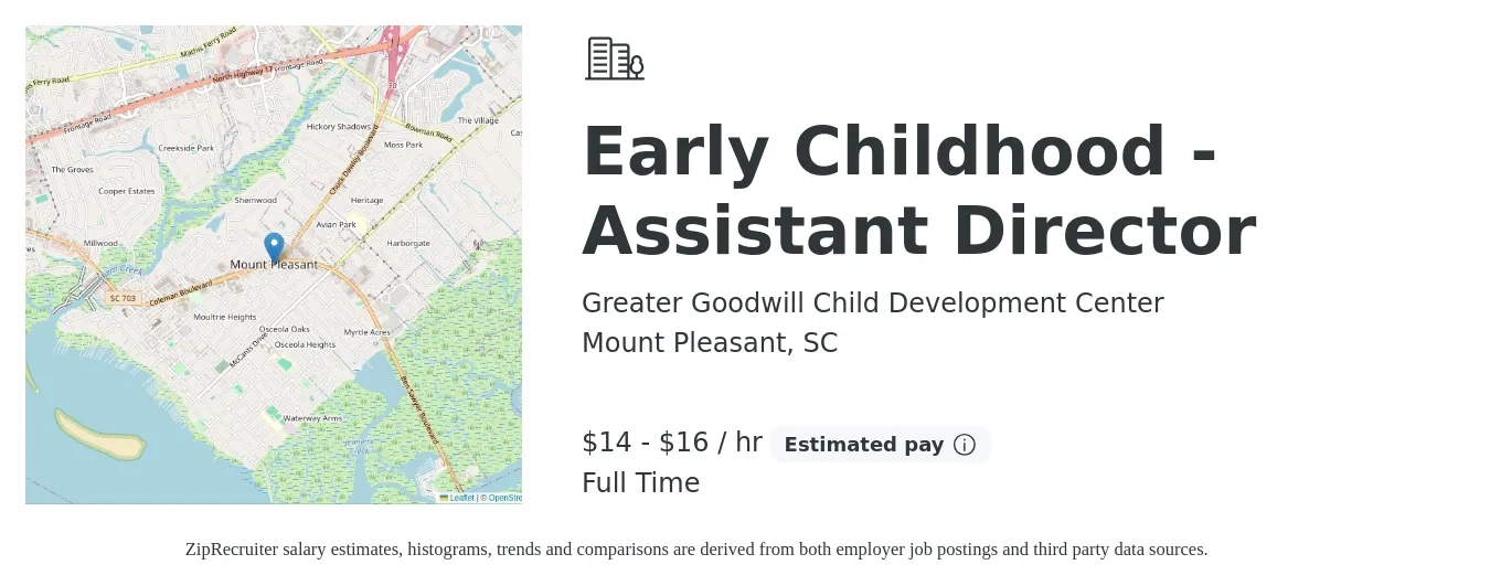 Greater Goodwill Child Development Center job posting for a Early Childhood - Assistant Director in Mount Pleasant, SC with a salary of $15 to $17 Hourly with a map of Mount Pleasant location.