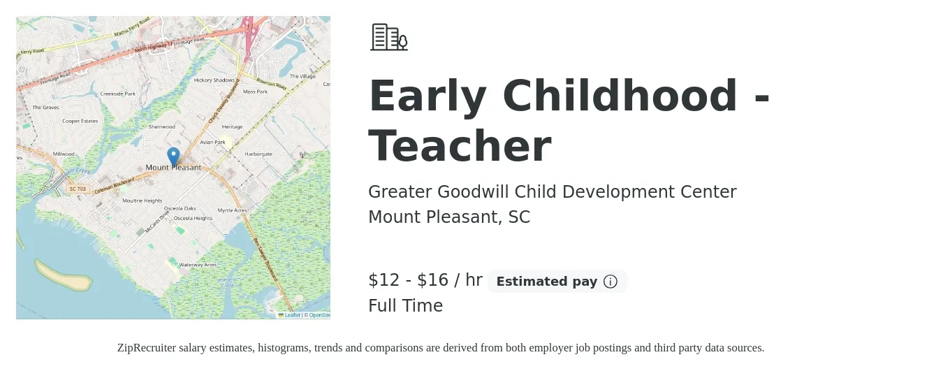 Greater Goodwill Child Development Center job posting for a Early Childhood - Teacher in Mount Pleasant, SC with a salary of $13 to $17 Hourly with a map of Mount Pleasant location.