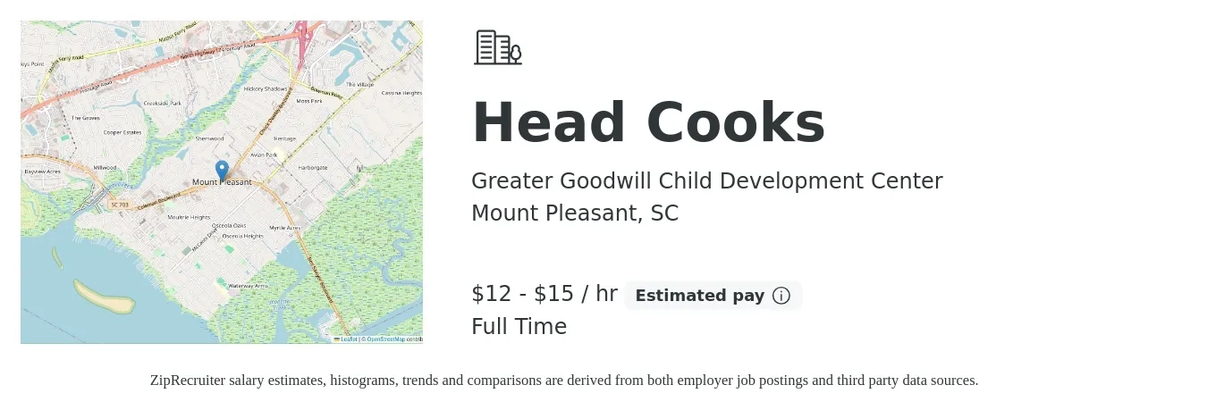 Greater Goodwill Child Development Center job posting for a Head Cooks in Mount Pleasant, SC with a salary of $13 to $16 Hourly with a map of Mount Pleasant location.