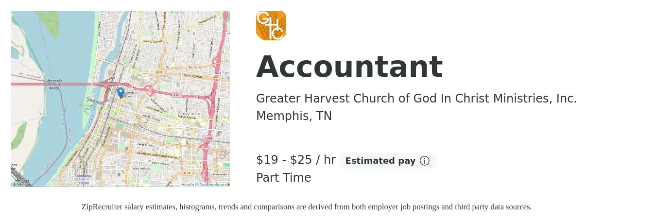 Greater Harvest Church of God In Christ Ministries, Inc. job posting for a Accountant in Memphis, TN with a salary of $20 to $27 Hourly and benefits including pto with a map of Memphis location.