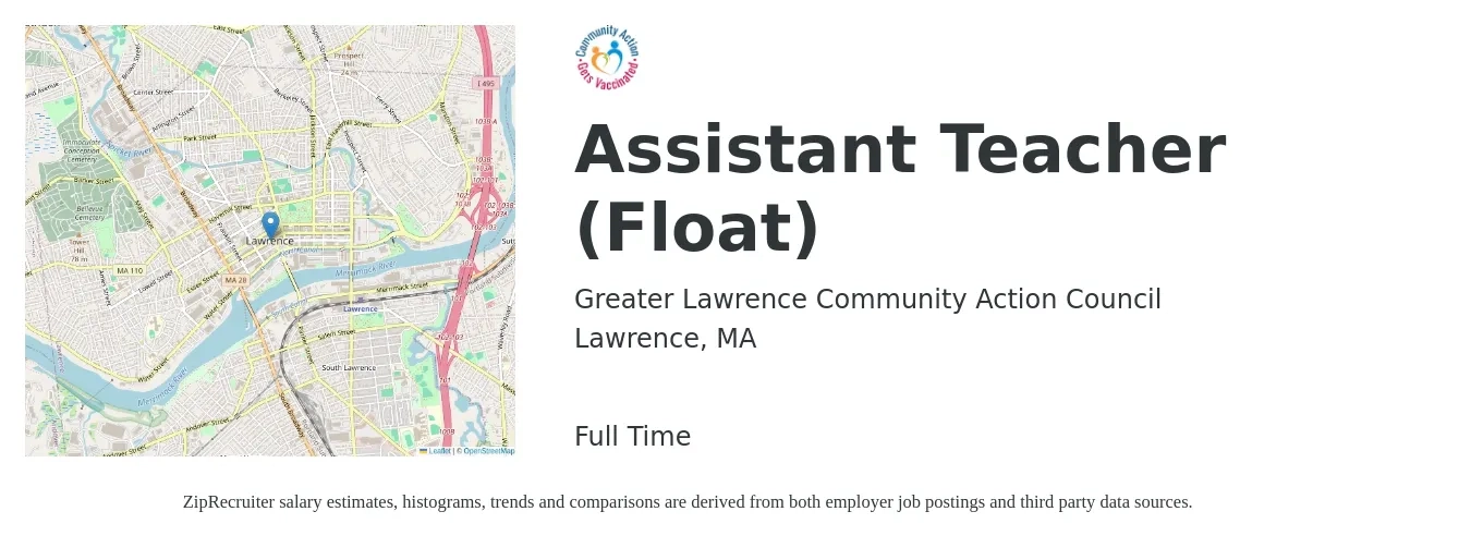 Greater Lawrence Community Action Council job posting for a Assistant Teacher (Float) in Lawrence, MA with a salary of $15 to $18 Hourly with a map of Lawrence location.