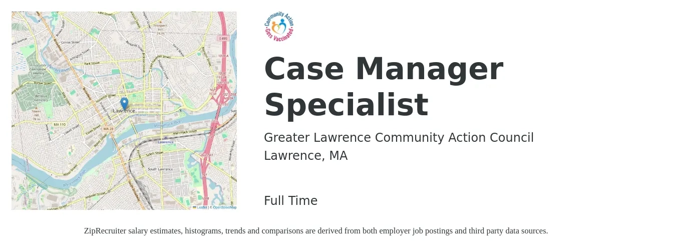 Greater Lawrence Community Action Council job posting for a Case Manager Specialist in Lawrence, MA with a salary of $21 to $30 Hourly with a map of Lawrence location.