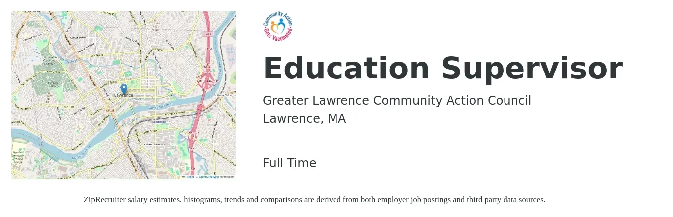 Greater Lawrence Community Action Council job posting for a Education Supervisor in Lawrence, MA with a salary of $52,500 to $87,100 Yearly with a map of Lawrence location.