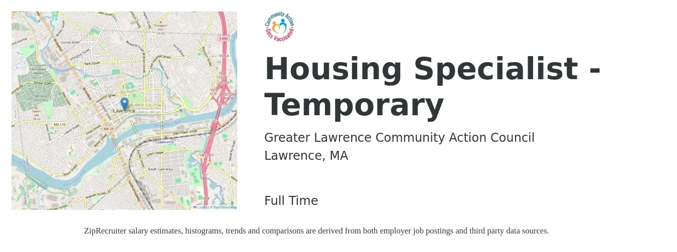 Greater Lawrence Community Action Council job posting for a Housing Specialist - Temporary in Lawrence, MA with a salary of $45,100 to $70,800 Yearly with a map of Lawrence location.