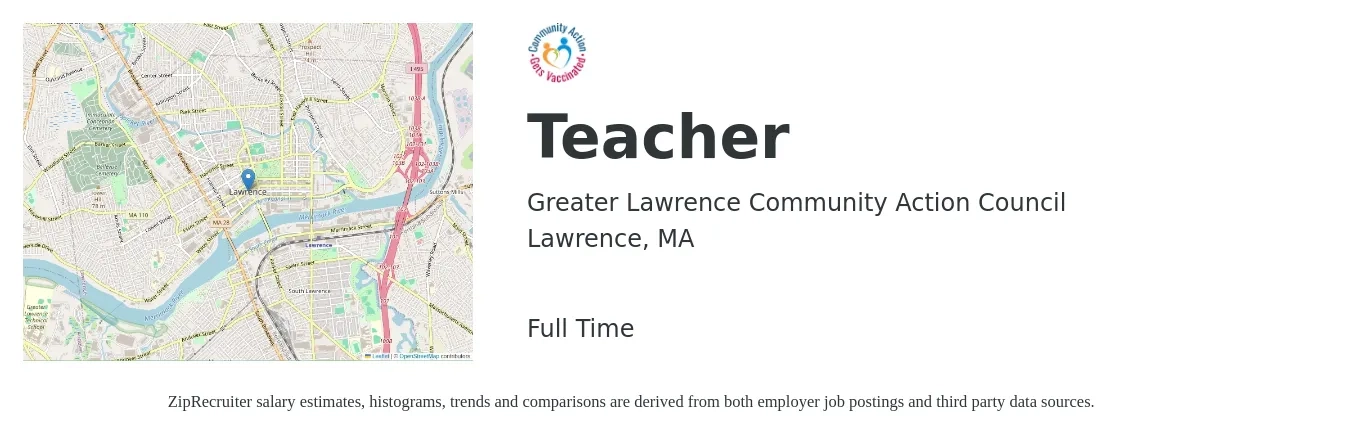 Greater Lawrence Community Action Council job posting for a Teacher in Lawrence, MA with a salary of $17 to $24 Hourly with a map of Lawrence location.