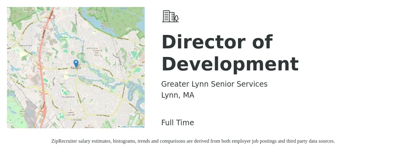 Greater Lynn Senior Services job posting for a Director of Development in Lynn, MA with a salary of $72,300 to $112,100 Yearly with a map of Lynn location.