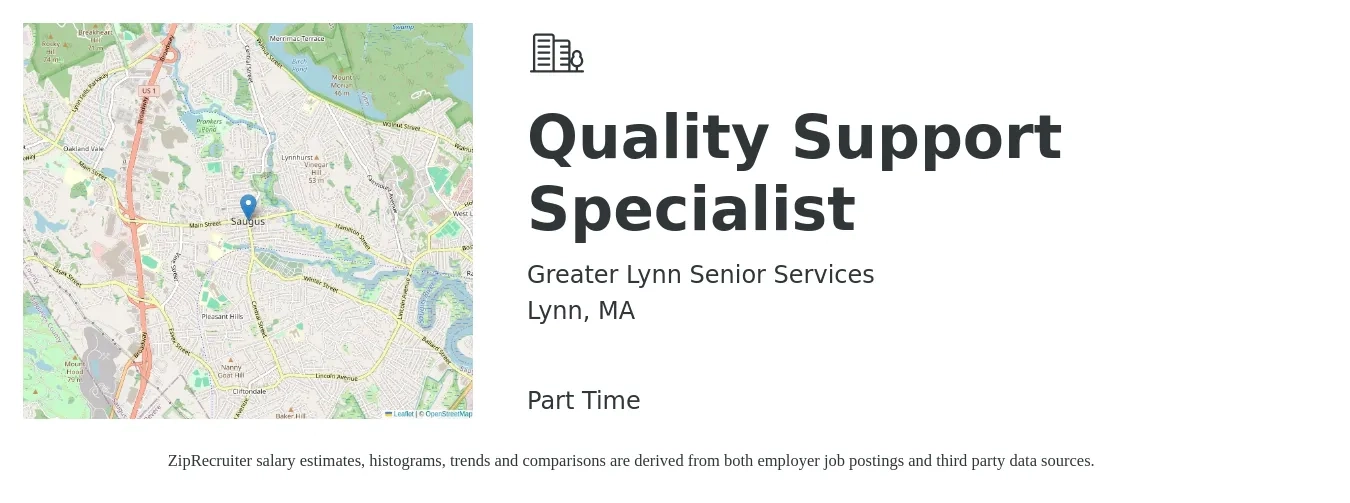 Greater Lynn Senior Services job posting for a Quality Support Specialist in Lynn, MA with a salary of $19 to $30 Hourly with a map of Lynn location.