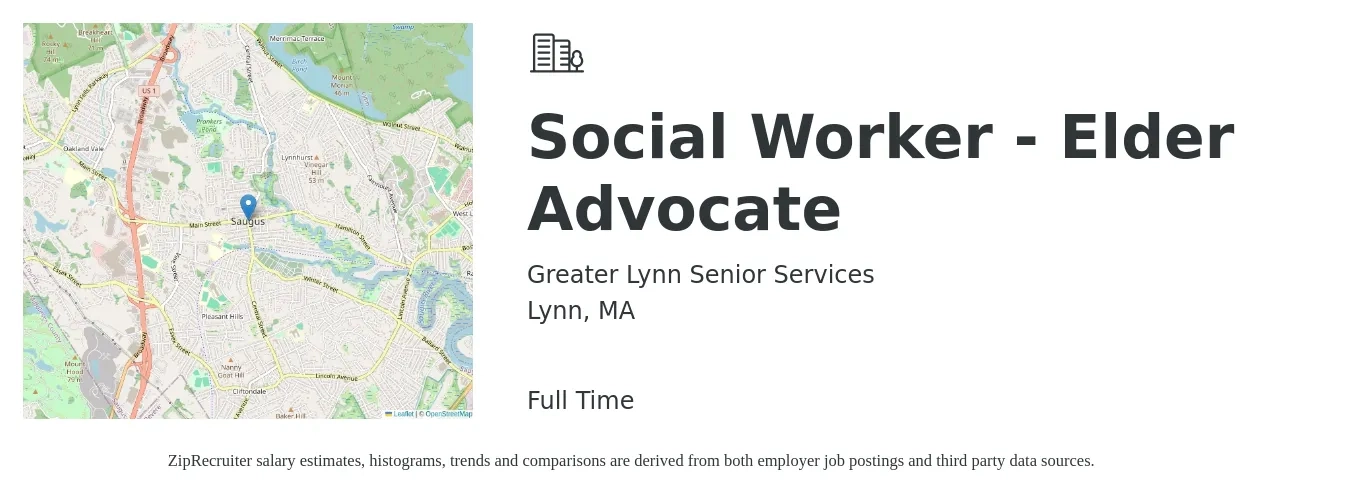 Greater Lynn Senior Services job posting for a Social Worker - Elder Advocate in Lynn, MA with a salary of $60,900 to $94,500 Yearly with a map of Lynn location.
