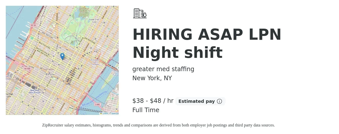 greater med staffing job posting for a HIRING ASAP LPN Night shift in New York, NY with a salary of $40 to $50 Hourly with a map of New York location.