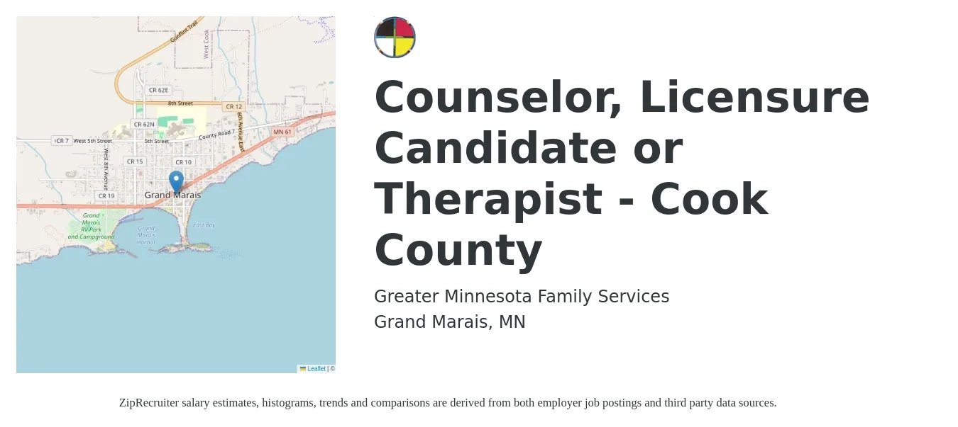 Greater Minnesota Family Services job posting for a Counselor, Licensure Candidate or Therapist - Cook County in Grand Marais, MN with a salary of $60,000 to $85,000 Yearly with a map of Grand Marais location.