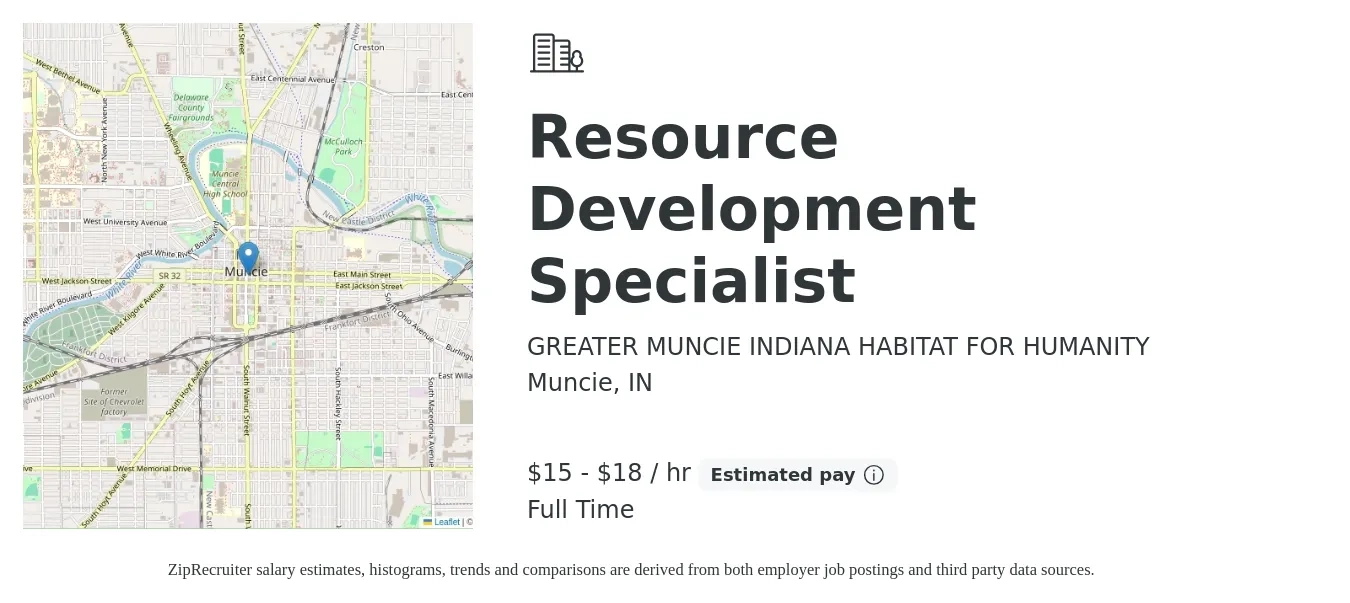 GREATER MUNCIE INDIANA HABITAT FOR HUMANITY job posting for a Resource Development Specialist in Muncie, IN with a salary of $16 to $19 Hourly with a map of Muncie location.