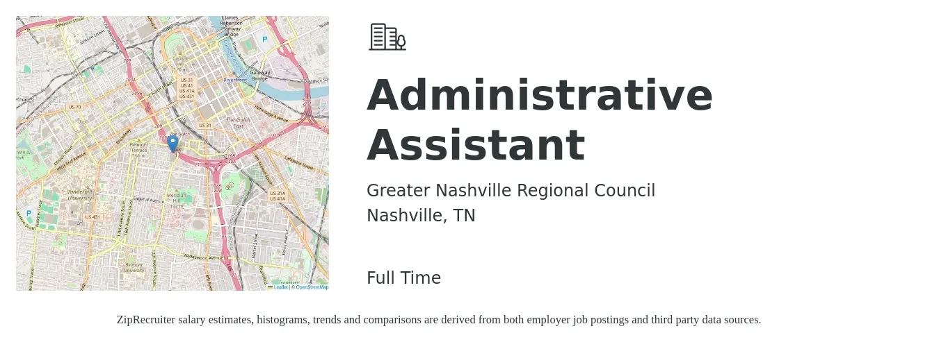 Greater Nashville Regional Council job posting for a Administrative Assistant in Nashville, TN with a salary of $40,000 Yearly with a map of Nashville location.