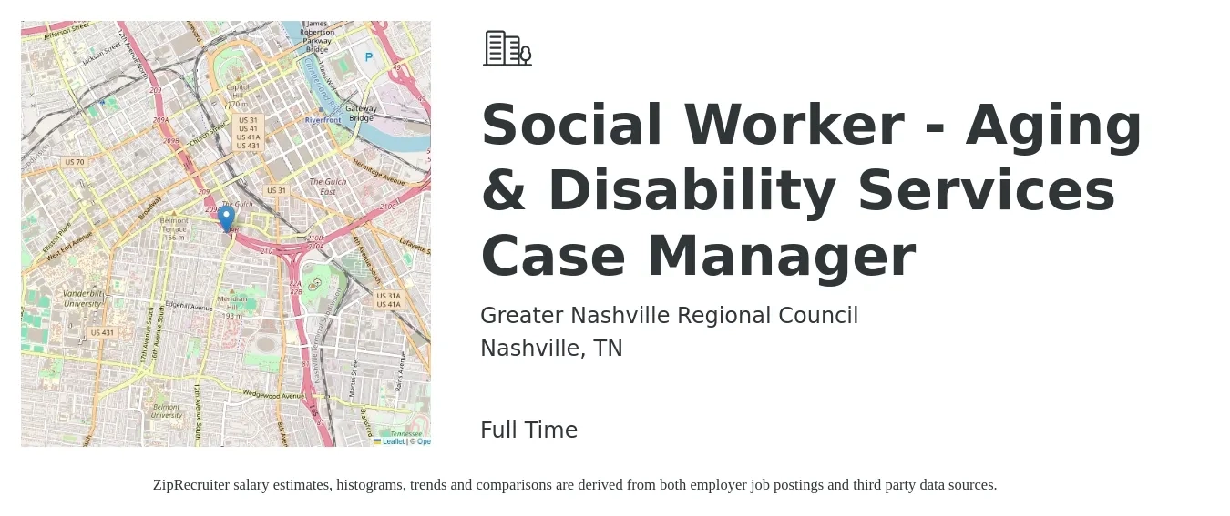 Greater Nashville Regional Council job posting for a Social Worker - Aging & Disability Services Case Manager in Nashville, TN with a salary of $57,000 to $88,400 Yearly with a map of Nashville location.