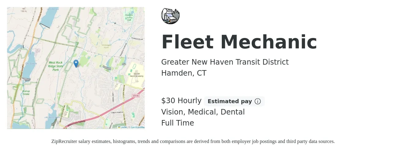 Greater New Haven Transit District job posting for a Fleet Mechanic in Hamden, CT with a salary of $31 Hourly and benefits including dental, life_insurance, medical, retirement, and vision with a map of Hamden location.