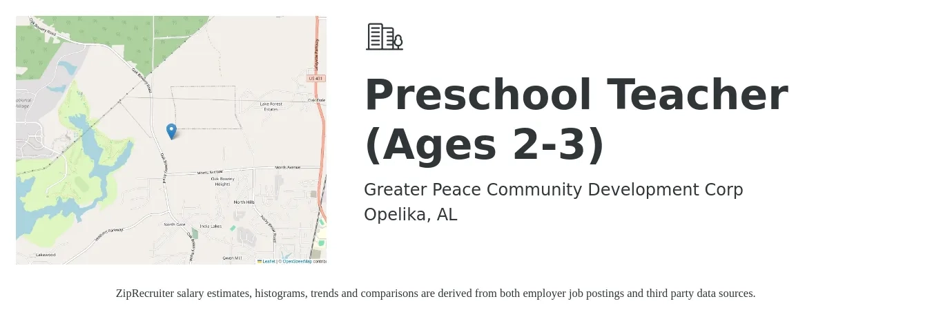 Greater Peace Community Development Corp job posting for a Preschool Teacher (Ages 2-3) in Opelika, AL with a salary of $13 to $15 Hourly with a map of Opelika location.
