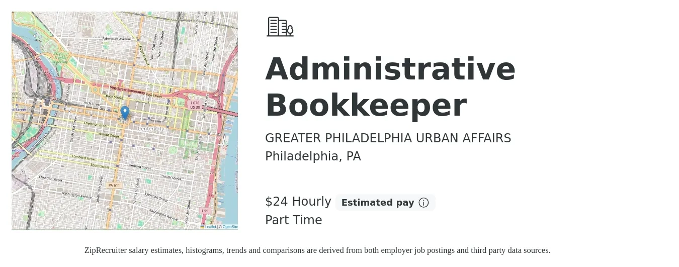 GREATER PHILADELPHIA URBAN AFFAIRS job posting for a Administrative Bookkeeper in Philadelphia, PA with a salary of $25 Hourly with a map of Philadelphia location.
