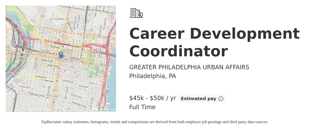 GREATER PHILADELPHIA URBAN AFFAIRS job posting for a Career Development Coordinator in Philadelphia, PA with a salary of $45,000 to $50,000 Yearly with a map of Philadelphia location.