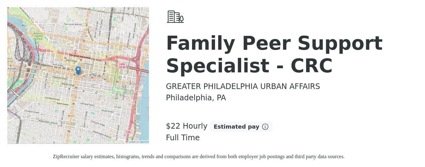 GREATER PHILADELPHIA URBAN AFFAIRS job posting for a Family Peer Support Specialist - CRC in Philadelphia, PA with a salary of $23 Hourly with a map of Philadelphia location.