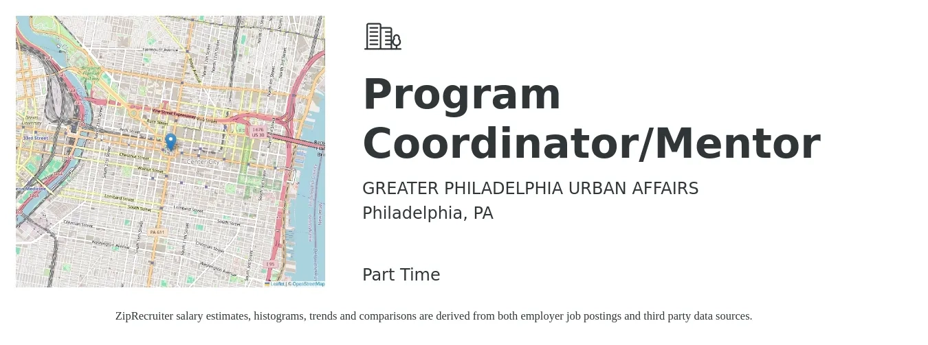 GREATER PHILADELPHIA URBAN AFFAIRS job posting for a Program Coordinator/Mentor in Philadelphia, PA with a salary of $40,100 to $59,300 Yearly with a map of Philadelphia location.