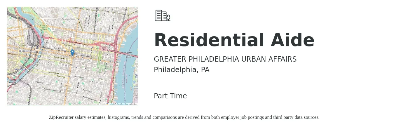 GREATER PHILADELPHIA URBAN AFFAIRS job posting for a Residential Aide in Philadelphia, PA with a salary of $15 to $18 Hourly with a map of Philadelphia location.