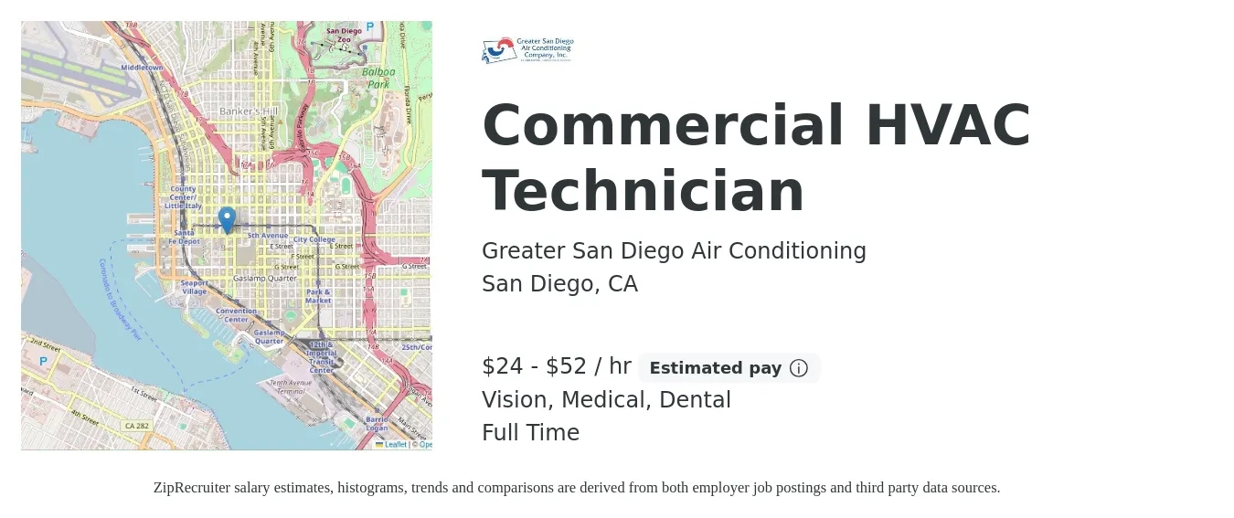 Greater San Diego Air Conditioning job posting for a Commercial HVAC Technician in San Diego, CA with a salary of $25 to $55 Hourly and benefits including life_insurance, medical, retirement, vision, and dental with a map of San Diego location.