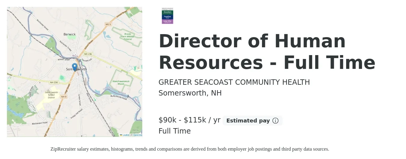 GREATER SEACOAST COMMUNITY HEALTH job posting for a Director of Human Resources - Full Time in Somersworth, NH with a salary of $90,000 to $115,000 Yearly with a map of Somersworth location.