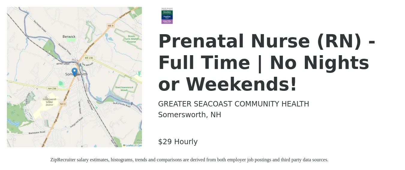 GREATER SEACOAST COMMUNITY HEALTH job posting for a Prenatal Nurse (RN) - Full Time | No Nights or Weekends! in Somersworth, NH with a salary of $31 to $36 Hourly with a map of Somersworth location.