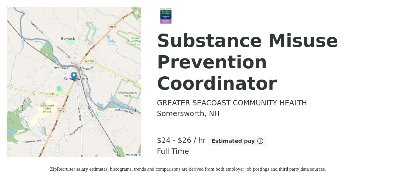 GREATER SEACOAST COMMUNITY HEALTH job posting for a Substance Misuse Prevention Coordinator in Somersworth, NH with a salary of $46,600 to $67,200 Yearly with a map of Somersworth location.