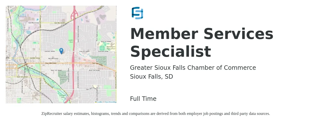 Greater Sioux Falls Chamber of Commerce job posting for a Member Services Specialist in Sioux Falls, SD with a salary of $16 to $21 Hourly with a map of Sioux Falls location.