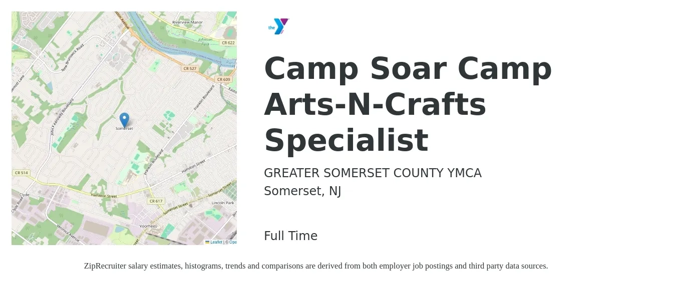 GREATER SOMERSET COUNTY YMCA job posting for a Camp Soar Camp Arts-N-Crafts Specialist in Somerset, NJ with a salary of $17 Hourly with a map of Somerset location.