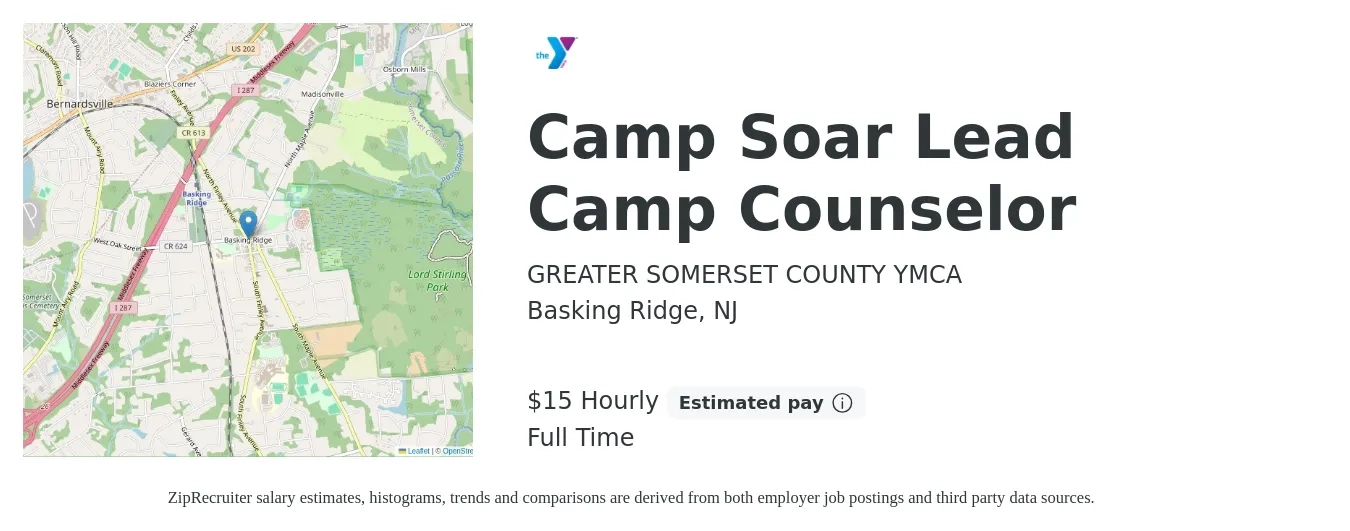 GREATER SOMERSET COUNTY YMCA job posting for a Camp Soar Lead Camp Counselor in Basking Ridge, NJ with a salary of $16 Hourly with a map of Basking Ridge location.
