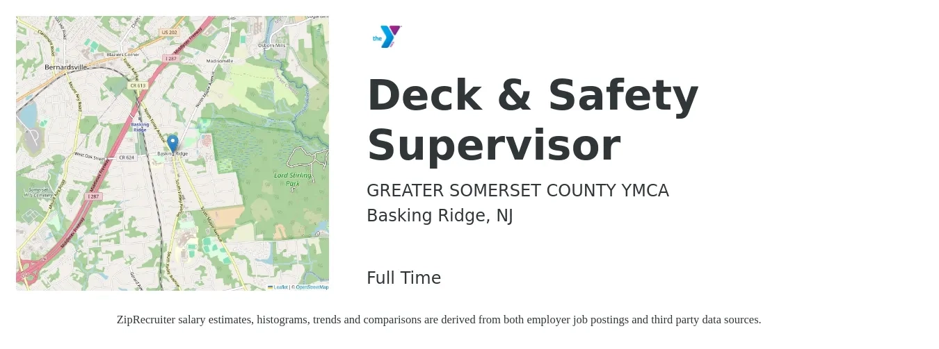 GREATER SOMERSET COUNTY YMCA job posting for a Deck & Safety Supervisor in Basking Ridge, NJ with a salary of $18 to $28 Hourly with a map of Basking Ridge location.