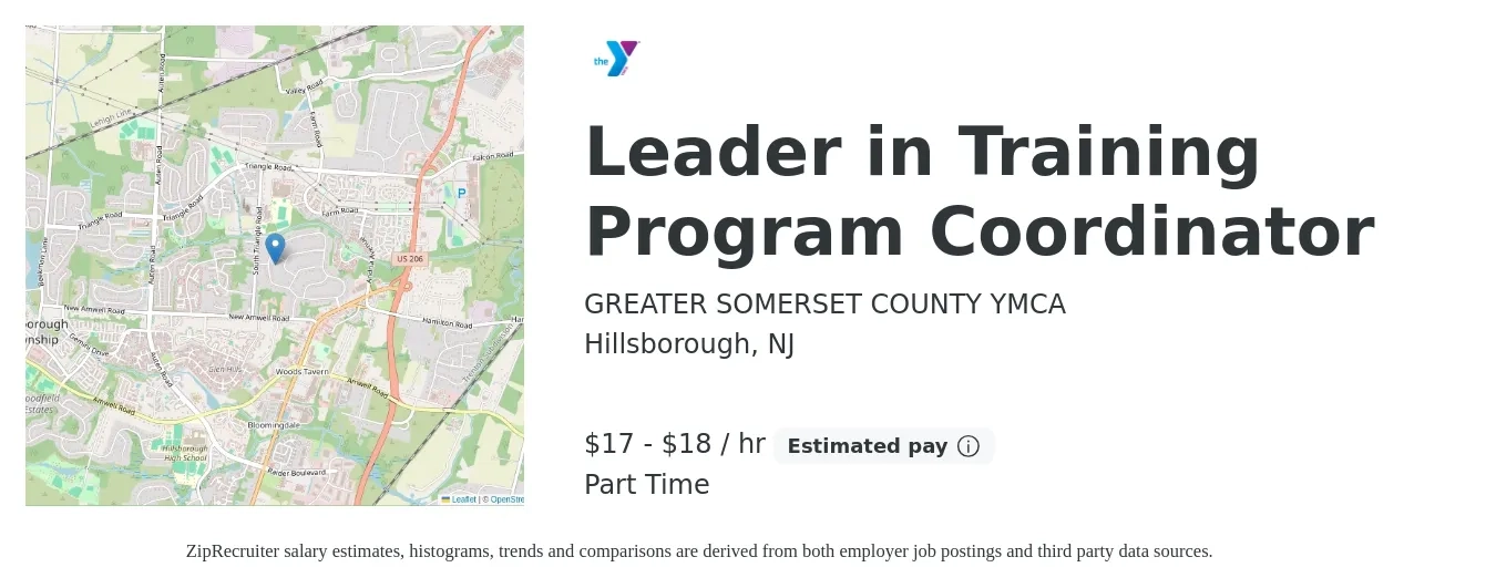 GREATER SOMERSET COUNTY YMCA job posting for a Leader in Training Program Coordinator in Hillsborough, NJ with a salary of $18 to $19 Hourly with a map of Hillsborough location.