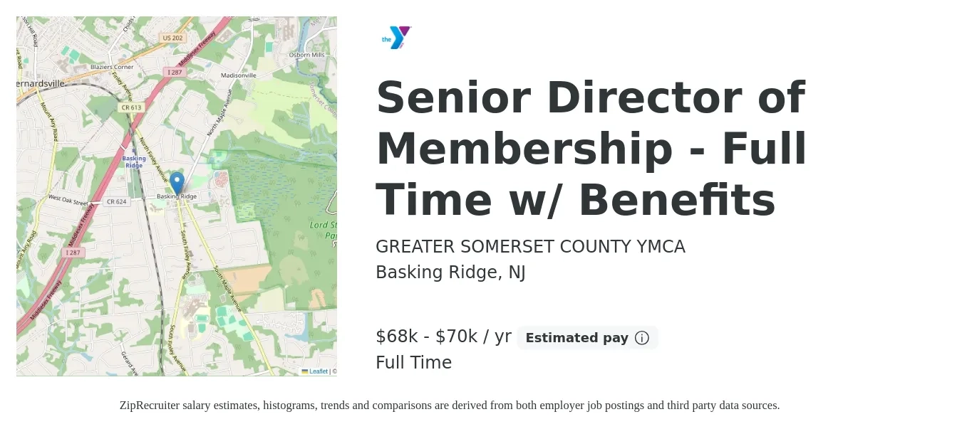 GREATER SOMERSET COUNTY YMCA job posting for a Senior Director of Membership - Full Time w/ Benefits in Basking Ridge, NJ with a salary of $68,000 to $70,000 Yearly with a map of Basking Ridge location.