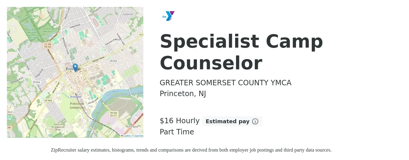 GREATER SOMERSET COUNTY YMCA job posting for a Specialist Camp Counselor in Princeton, NJ with a salary of $17 to $18 Hourly with a map of Princeton location.