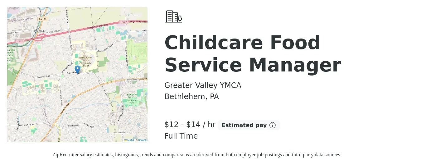 Greater Valley YMCA job posting for a Childcare Food Service Manager in Bethlehem, PA with a salary of $13 to $16 Hourly with a map of Bethlehem location.
